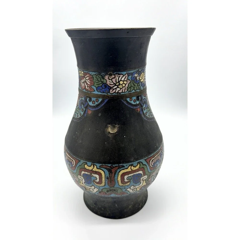 Vintage Japanese Champlevé Enamel Vase - Ornate Floral Design, Figural Handle